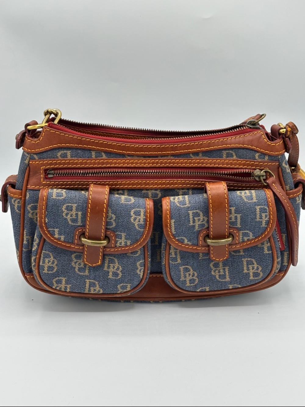 Vintage Dooney & Bourke Blue Logo Denim Banana Bag Brown Leather Trim - Picture 16 of 16